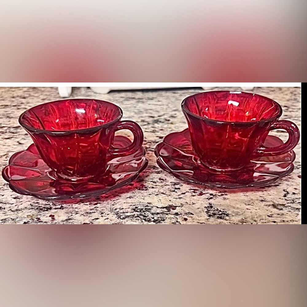 New Martinsville Janice-Ruby cup & saucer set of 2. No Chips No Cracks
